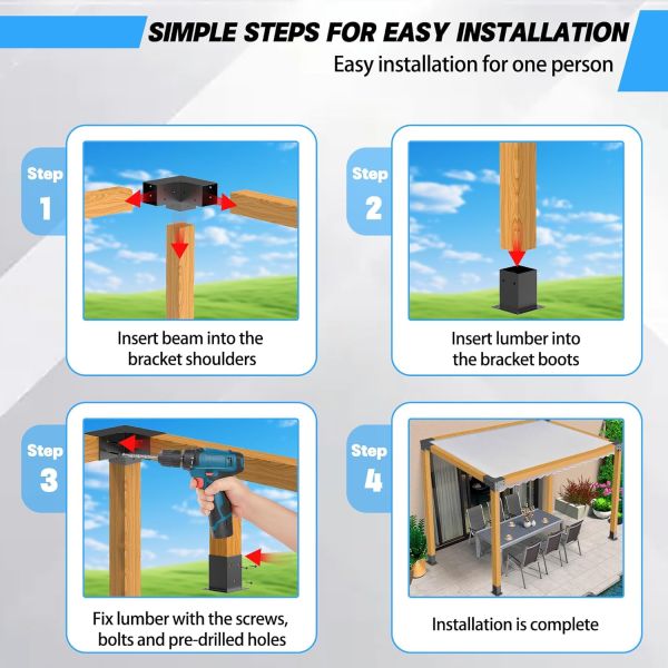 Aluminum Alloy Pergola Kit with 3-Way Brackets for 4"x 4" Lumber Lightweight High-Strength DIY Pergola Brackets Support for Gardens