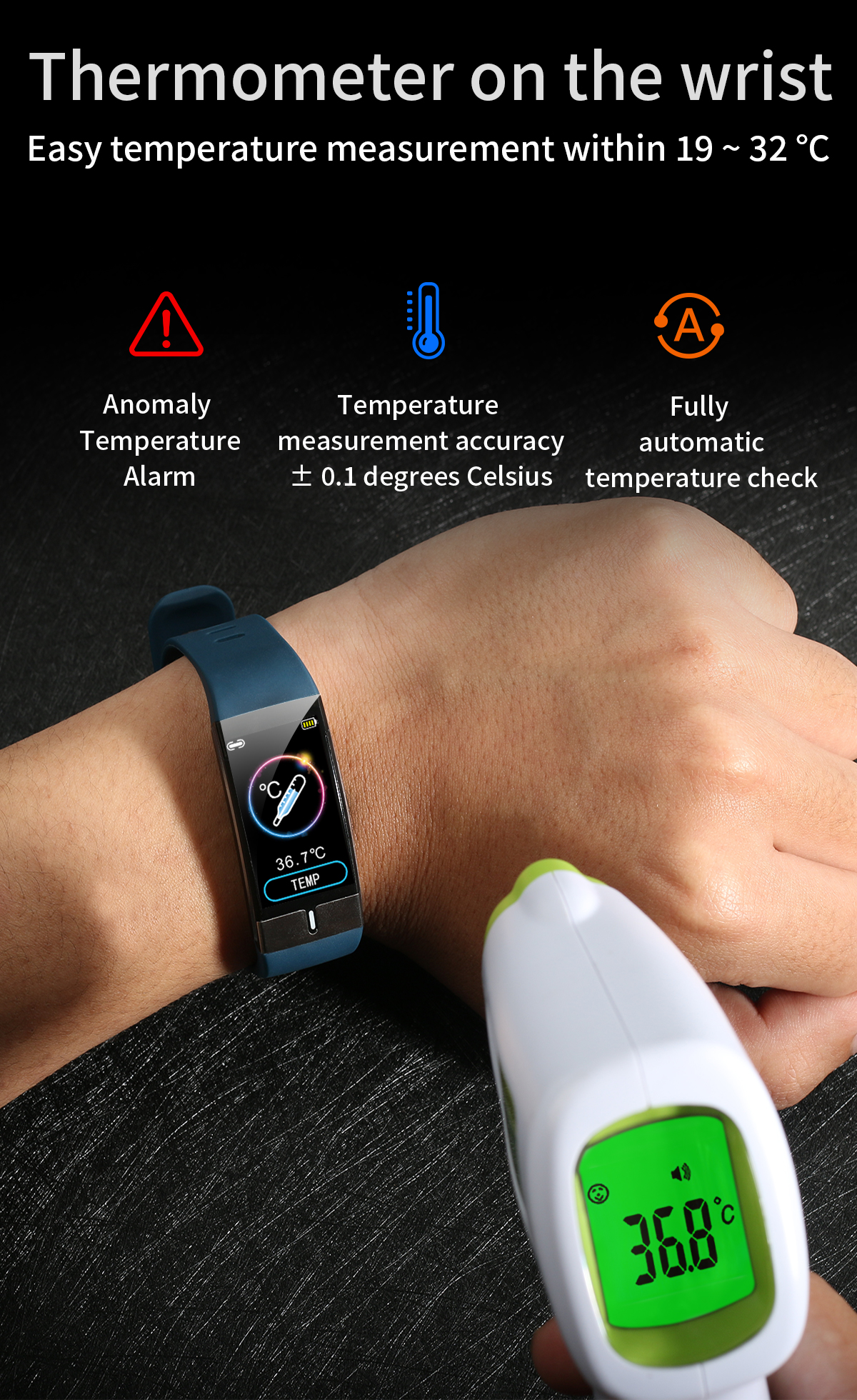 IP68 E80 Temperature Monitoring Smart Watch 24G Health Bracelet Waterproof