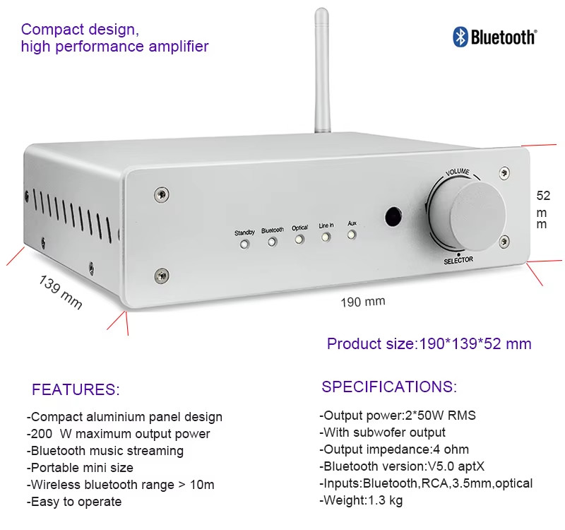 HIFI Wireless Audio Amplifier 2 Channel Bluetooth Compact Class D Audio Receiver Amplifier