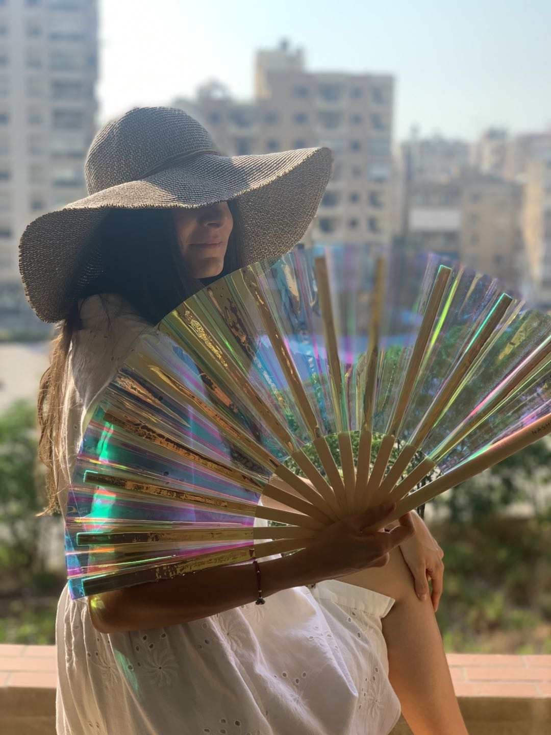 Plastic Iridescent Folding Fan 13 Inch 33cm Length Large Decorative Hand Fans