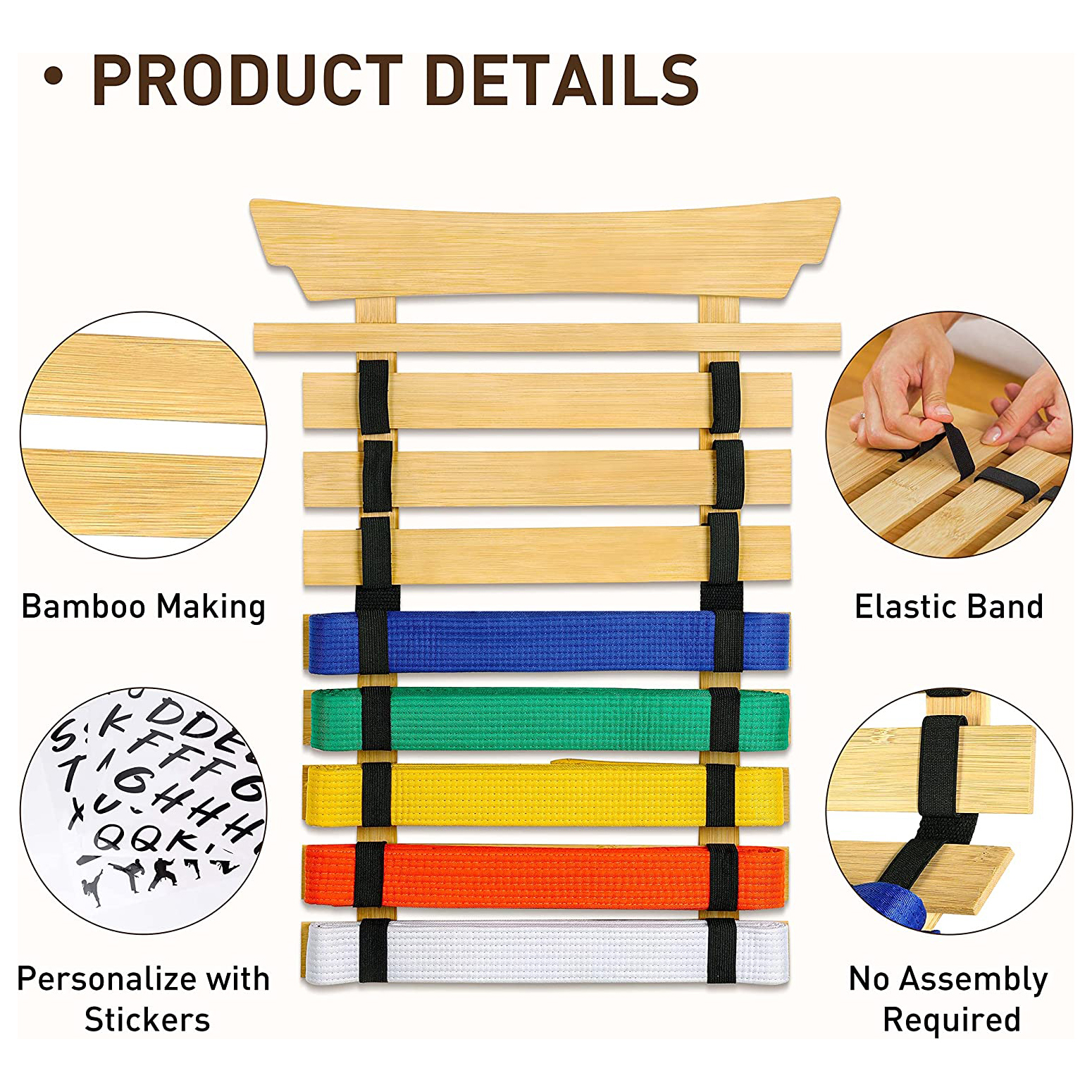 Pinewood Martial Arts Belt Display Rack Wall Mounted Bamboo Karate Belt Display Rack