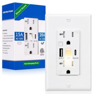 China Wall Mounted Night Light USB Outlet 20A 2700K Tamper Resistant wholesale