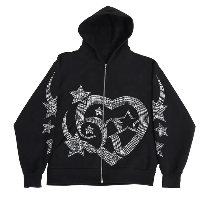 700 grams Heavyweight Rhinestone Zipper Men's Hoodies Sweatshirts Full Zip Up Hoodie