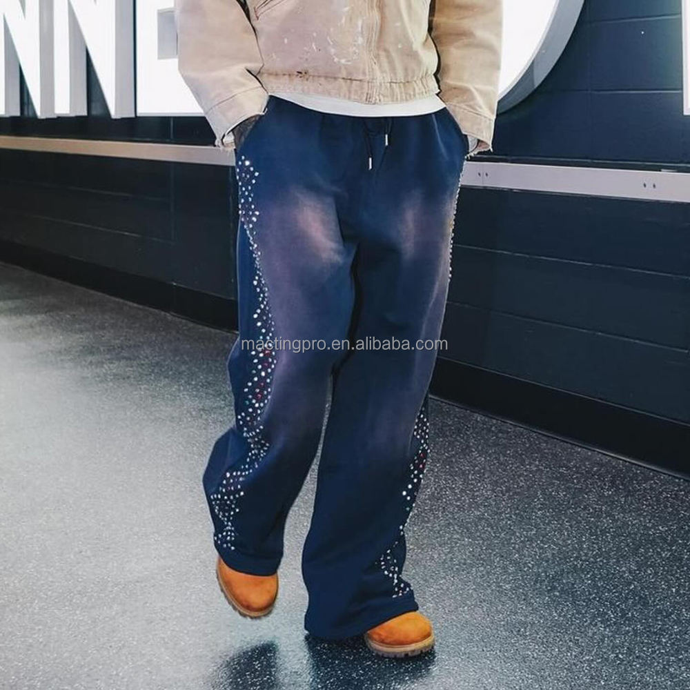 Sun Faded Acid Wash Custom Joggers Cotton Baggy Sweatpants with Crystal Decoration