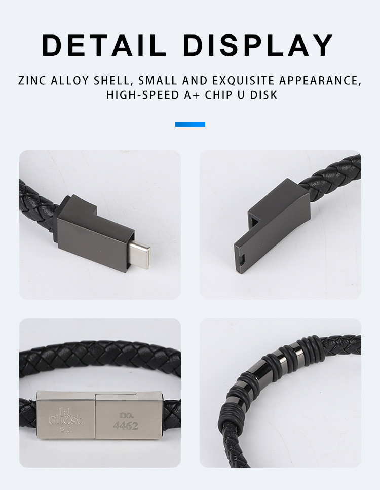 PU Leather 22.5cm Bracelet Charging Cable With 32GB 64GB U Disk USB