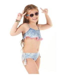 China Girls Washed Denim Ruffled Crop Top Bikini - Pompom wholesale