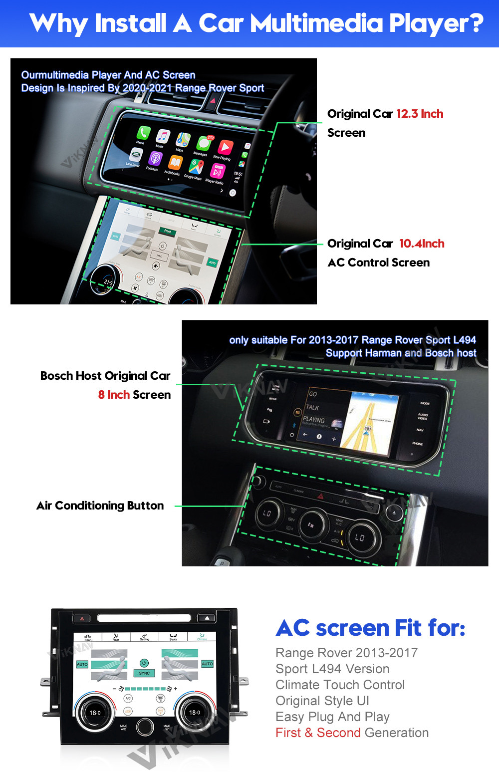 right hand drive 12.3 inch Android Car Radio For Range Rover Sport L494 2013-2016 with AC Touching Screen Multimedia