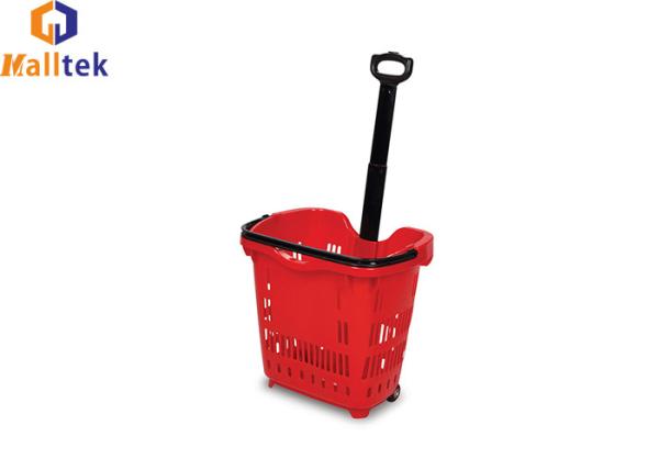 Quality Telescopic Handle Plastic Rolling Basket With Two Wheels for sale