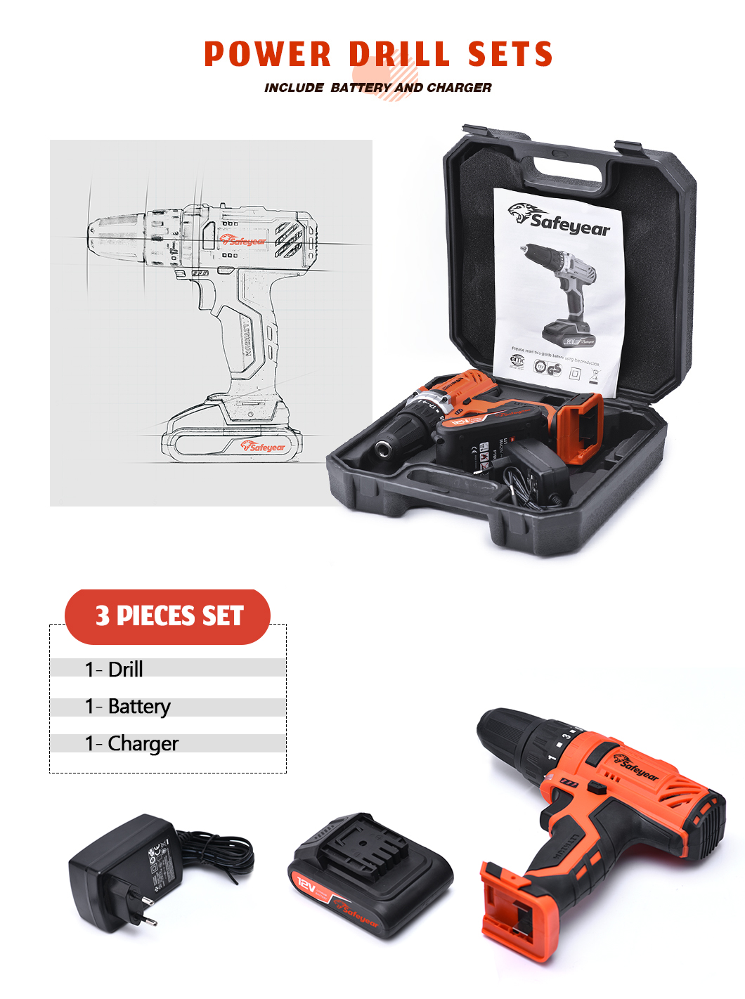 1500mAh Li-Ion Electric Powered Tools 12v 3Pcs Cordless Drill Machine