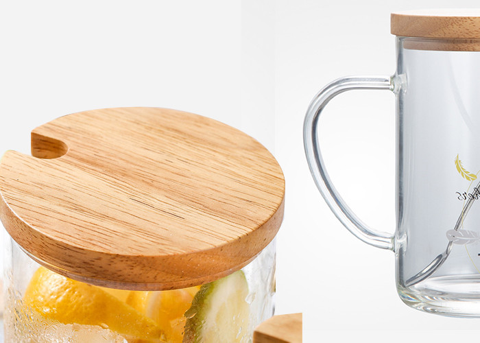 Personalized Glass Coffee Mugs With Wooden Lid Heat Resistant Glass