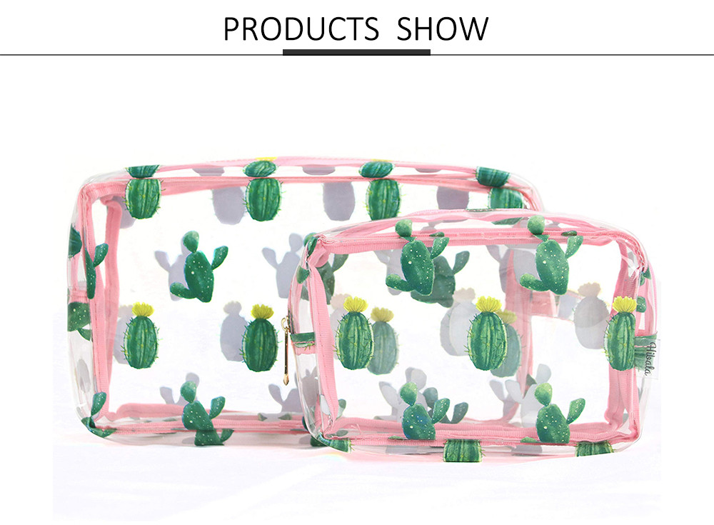 2pcs Zippered Cactus Print PVC Ladies Toiletry Bag
