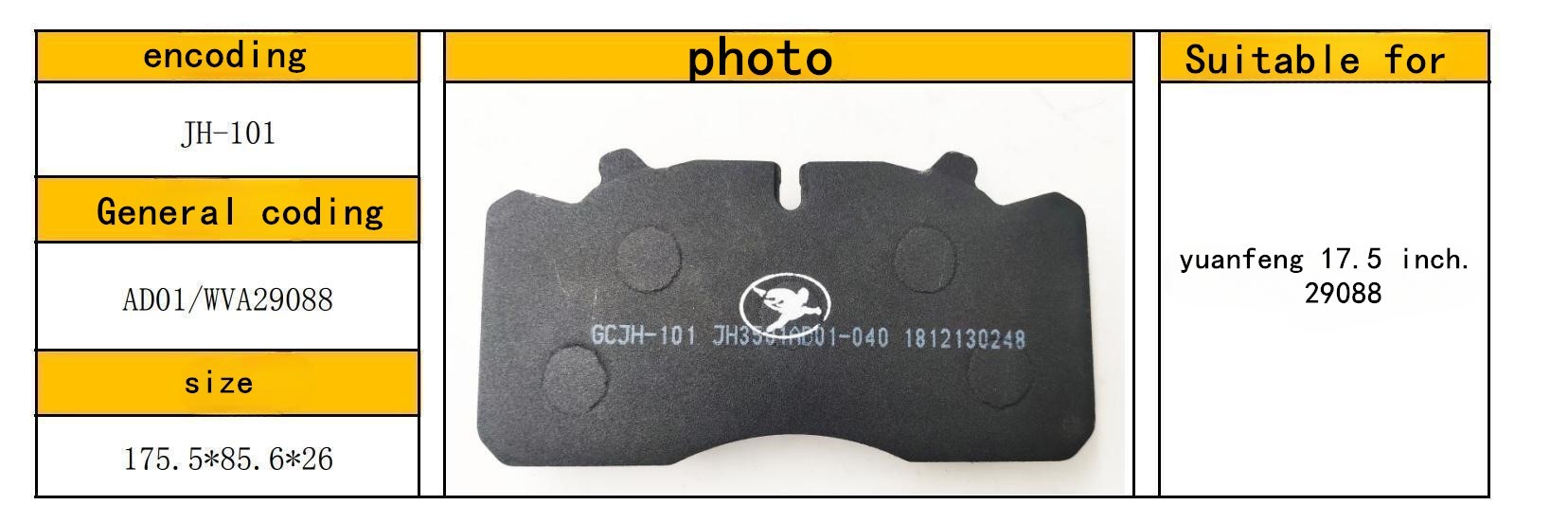 Yuanfeng Brake Pad Replacement JH3501AD01 - 040 For Buses And Trucks WVA29088