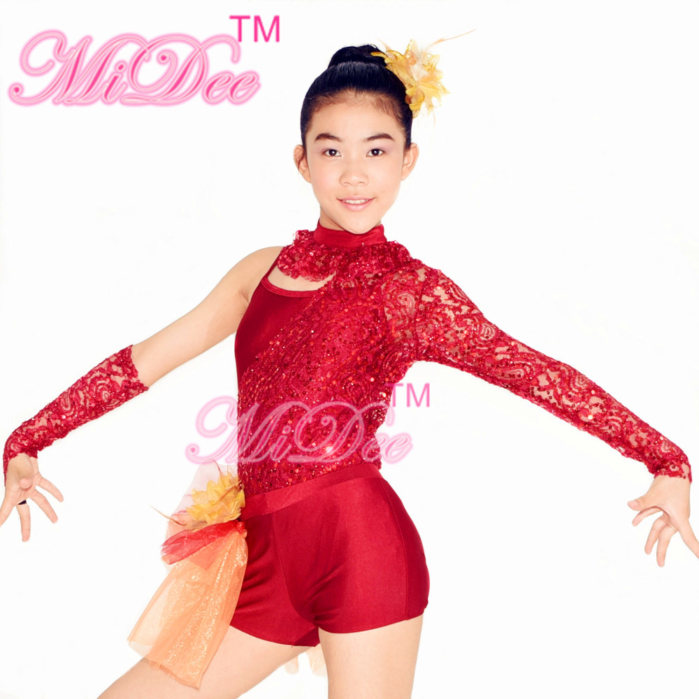 Asymmetrical Jazz Dress Costumes One Sleeve Sequin Lace Dance Leotards Spandex Short With Side Suttles