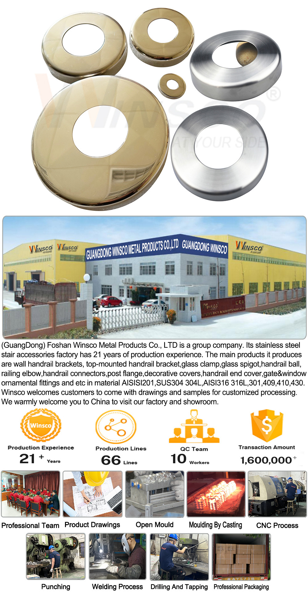 C304 C316 Stainless Steel Inox Balustrade Base Cover For 12.7mm 19mm 1'' 31.8mm 38.1mm 2'' Round Pipe