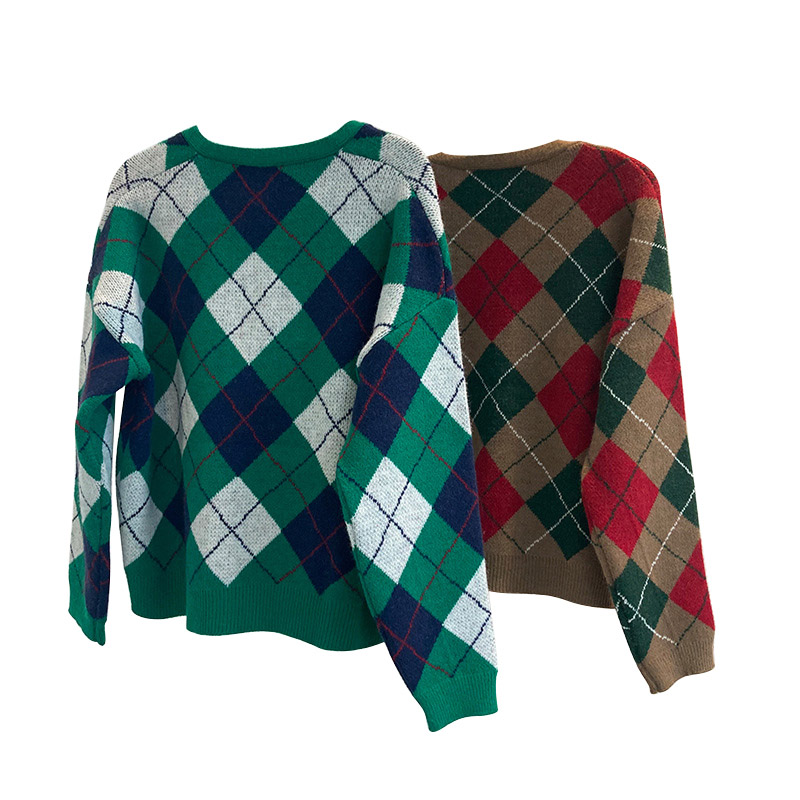 V Neck Button Tartan Design Bespoke Sweaters Cropped Long Sleeve Knitted Sweater