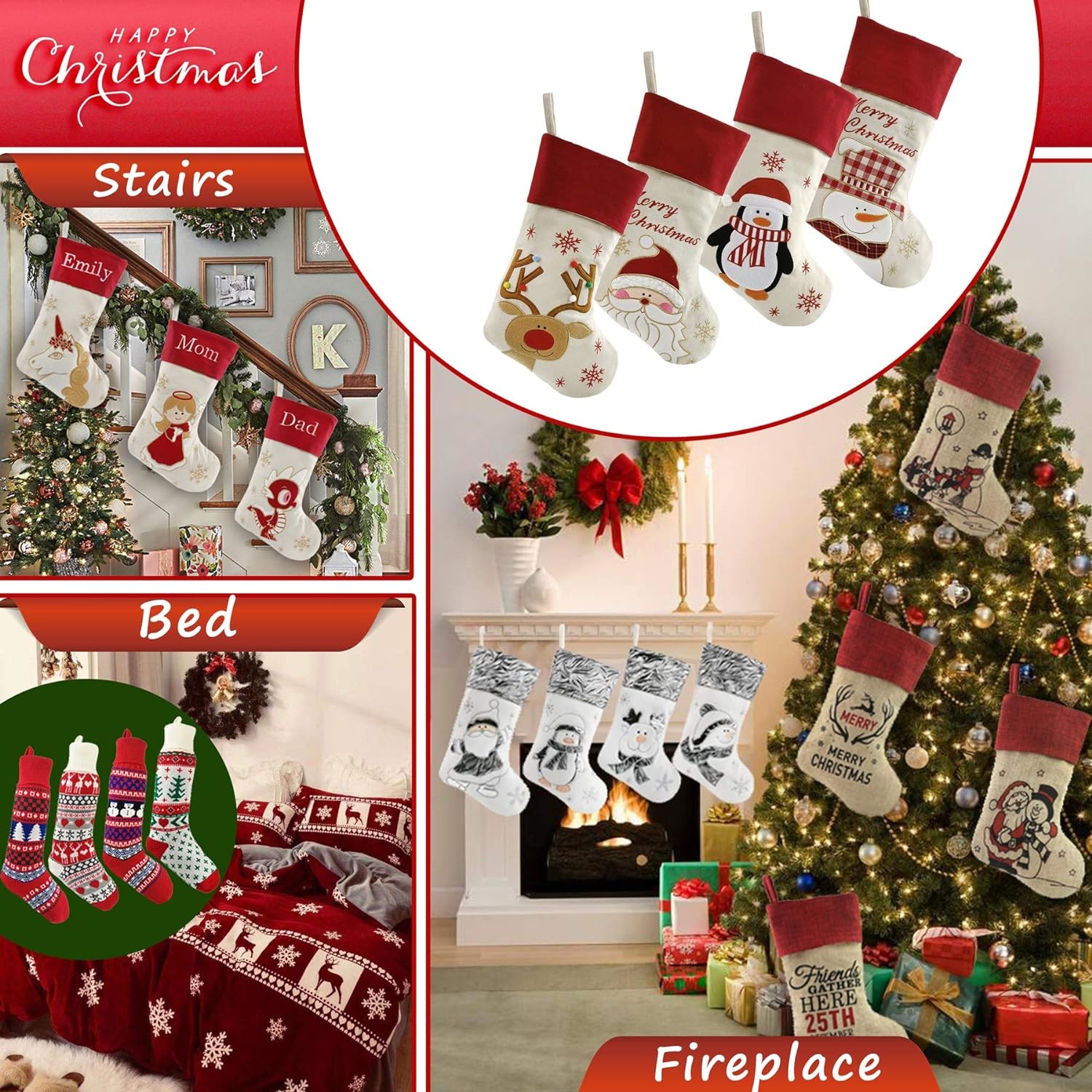 Christmas Stockings Set of 4 Felt Santa Reindeer Snowman Penguin Stockings Xmas Tree Ornaments Party Decor