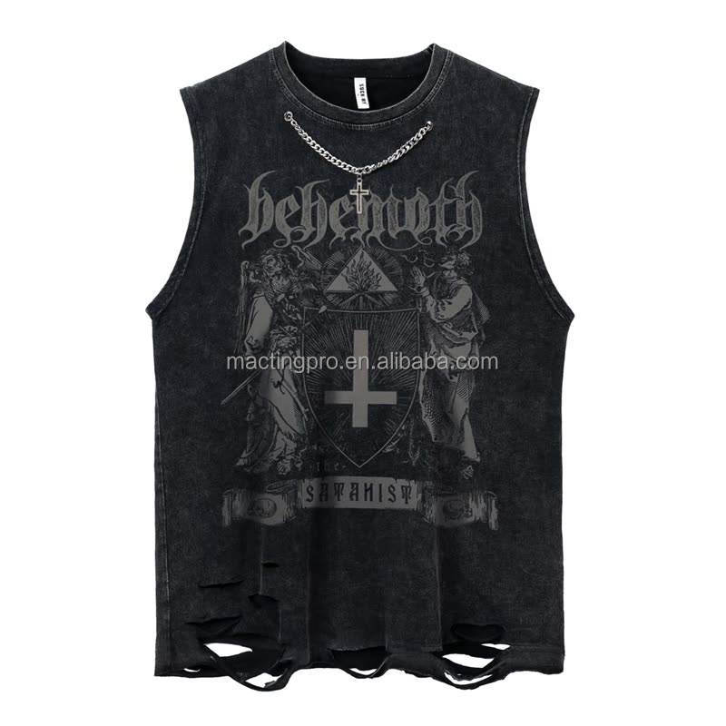 Custom Logo Streetwear Cut Raw Hem Tank Tops for Casual Daily Life Vintage Acid Wash