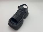 Women summer black thick soled sandals with metal button genuine leather summer