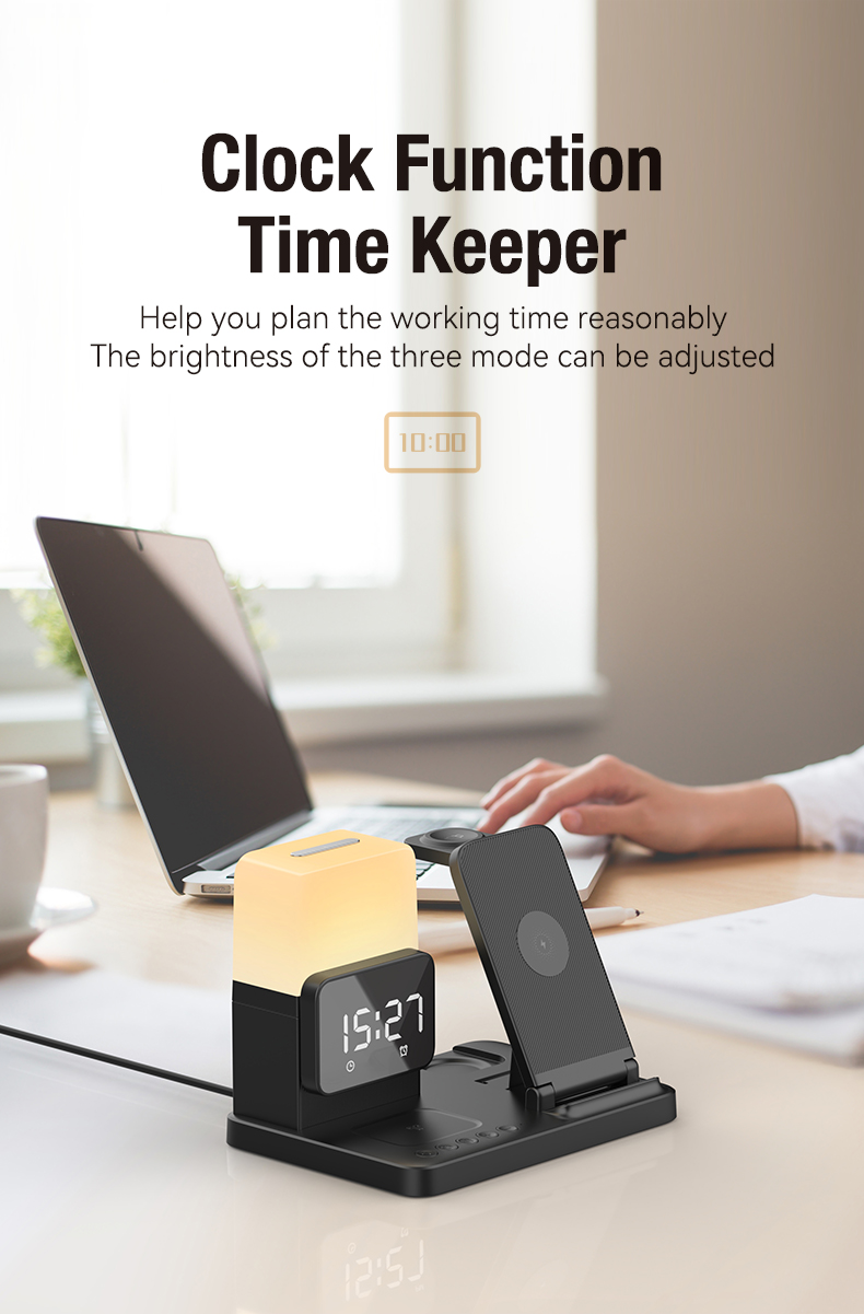 6 In 1 Wireless Fast Charger with Alarm Clock , 15W Mobile Phone Wireless Charger