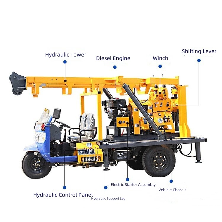 Rural Tricycle 200M Deep Water Well Drilling Rig Hydraulic Car Mounted