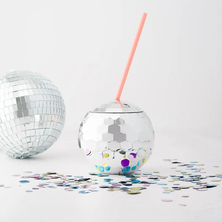Light Up Disco Ball Drink Cup With Straws 450ml Unbreakable