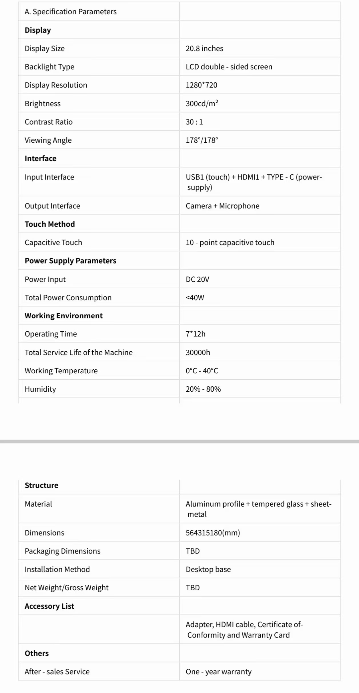 Technical specifications for 20.8-inch transparent OLED display