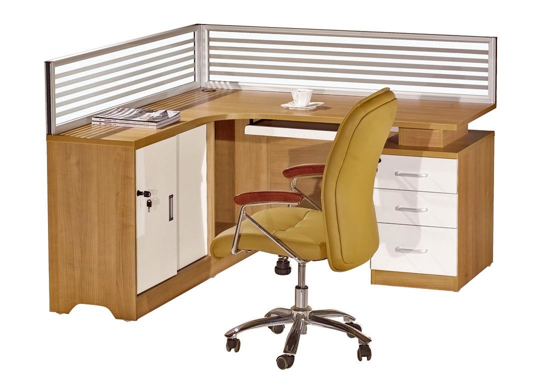 L Shape Melamine Office Furniture Ash Walnut Color With Table Top Screen