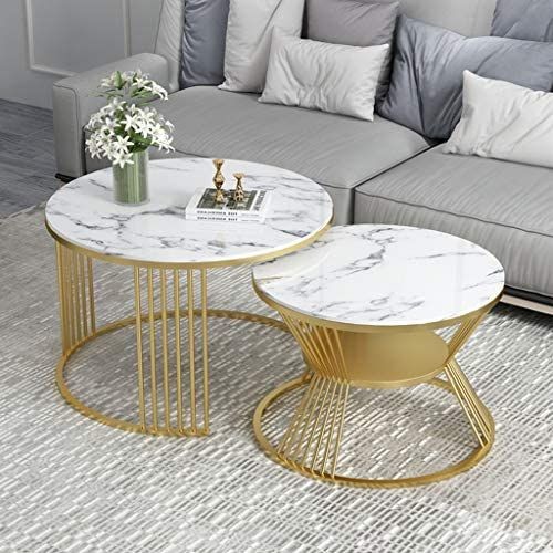 Marble Glass Top Gold Round Coffee Table With Storage Strike Deisgn