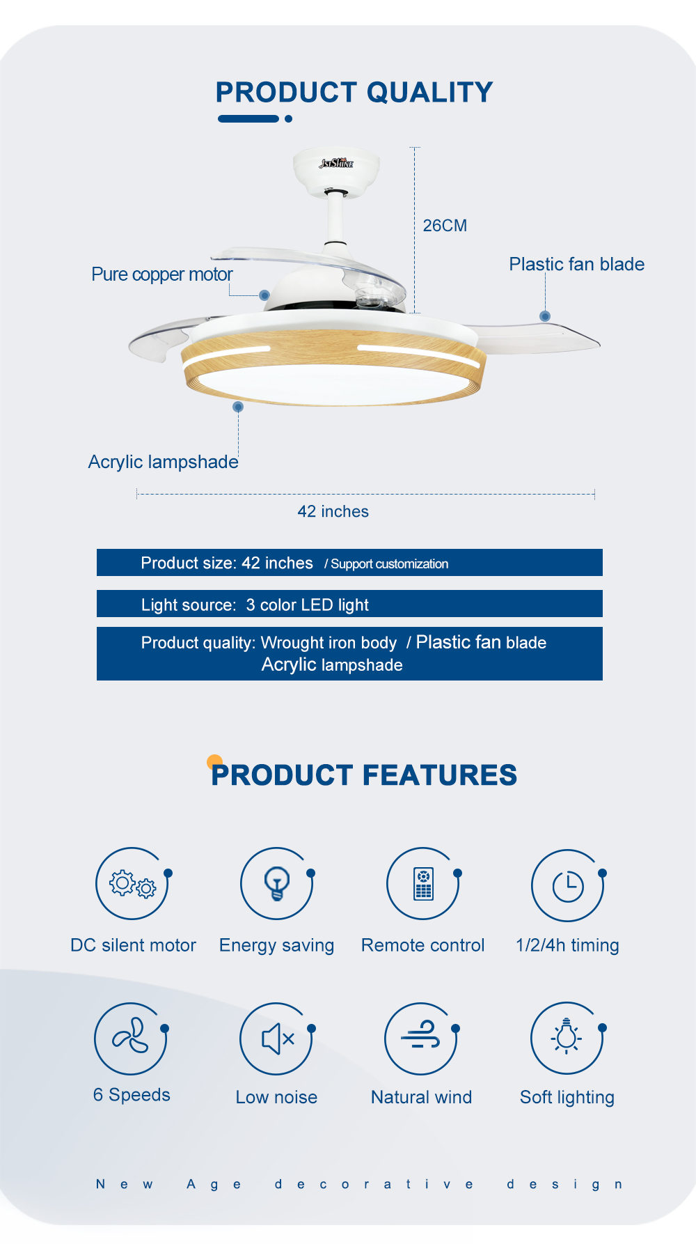 Metal Acrylic 42 Inch Ceiling Fan Light with Pure Copper Motor and Remote Control