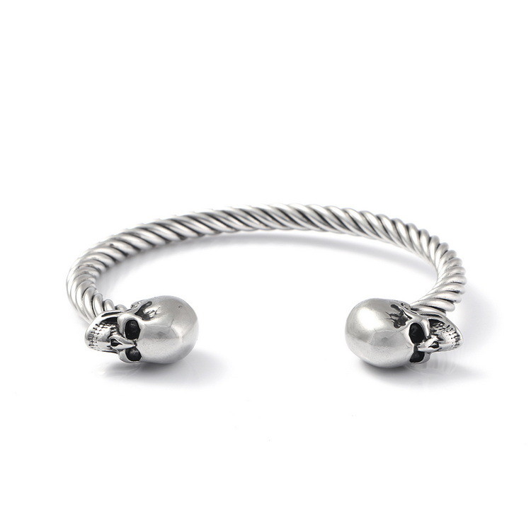 Mighty Opening Double Skull Stainless Steel Twisted Wire Men's Explosive Bracelet