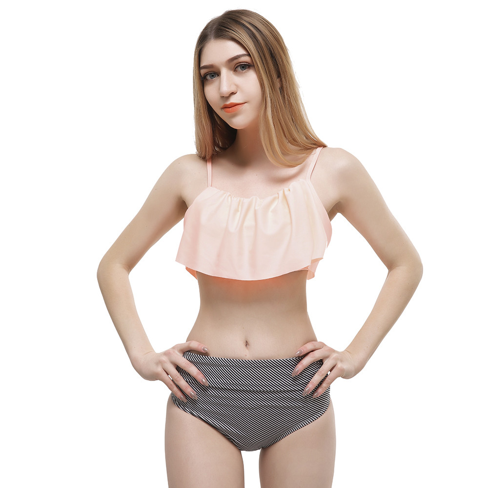 High Waist Bikini Flounced Swimwear Women Two Piece Swimsuit Striped
