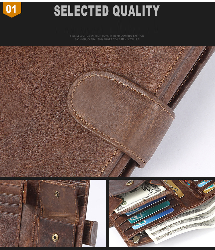 Men's Casual Short Billfold Wallet with Cowhide Leather and Polyester Lining