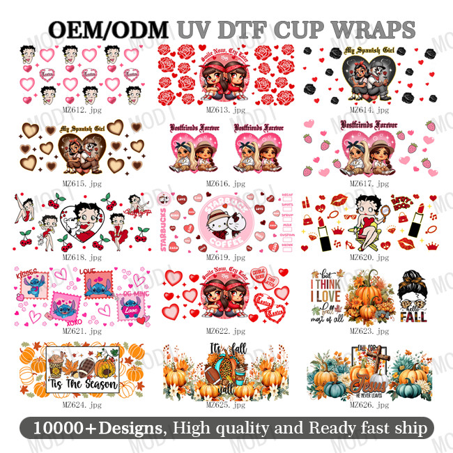 Custom Design 16oz UVDTF Tumbler Decals Sticker Valentine'S Day UV DTF Cup Wrap