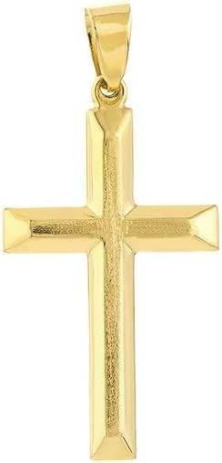 18K Yellow Gold Cross Pendant - Beveled Edge Charm for Men Religious Jewelry for Women