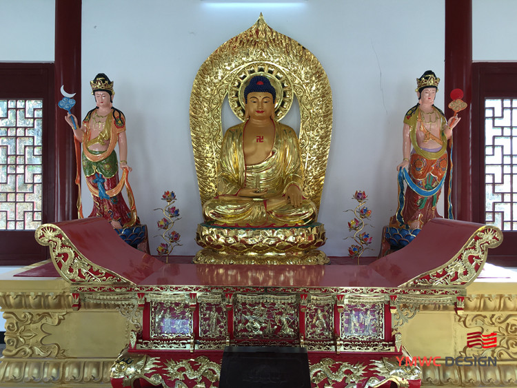 Gilded Red Copper Buddha Statue for Temple Customized Size and Indoor Group Sculpture