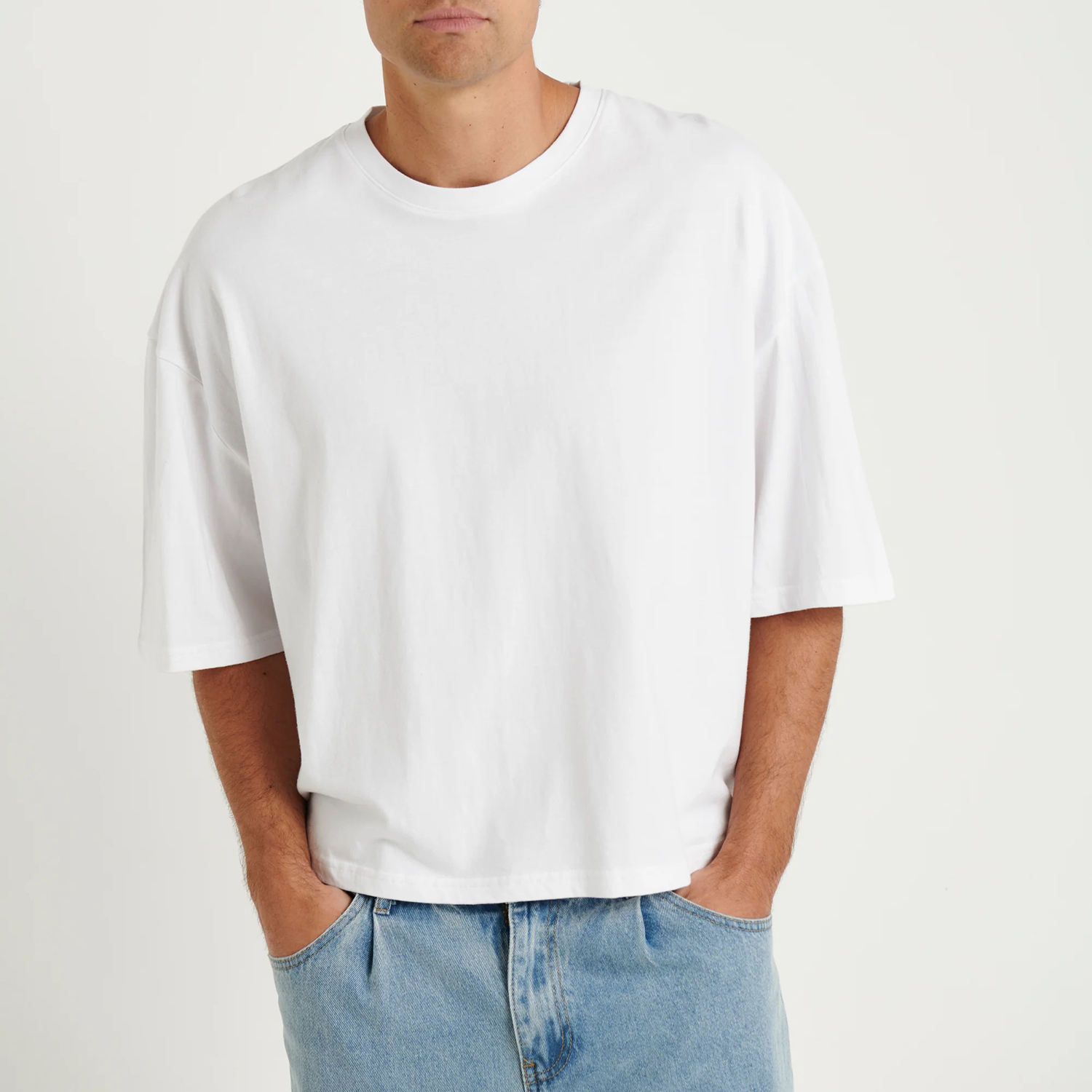 Black Boxy Cropped Graphic Tee Tshirt Men Heavyweight Cotton Box Cut Fit Short Sleeve Crop T Shirt