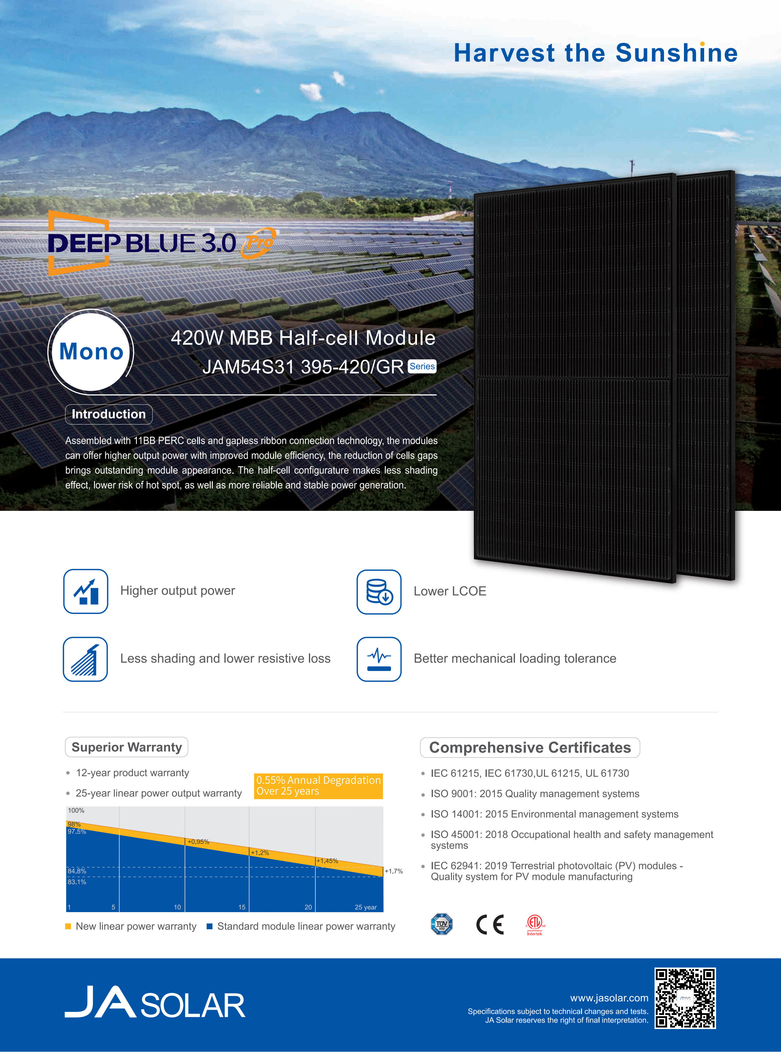 Deep Blue 3.0 JA Solar Panels PERC 108 Cells Mono Harf Cell GR MBB 395W 400W 405W 410W 415W 420W