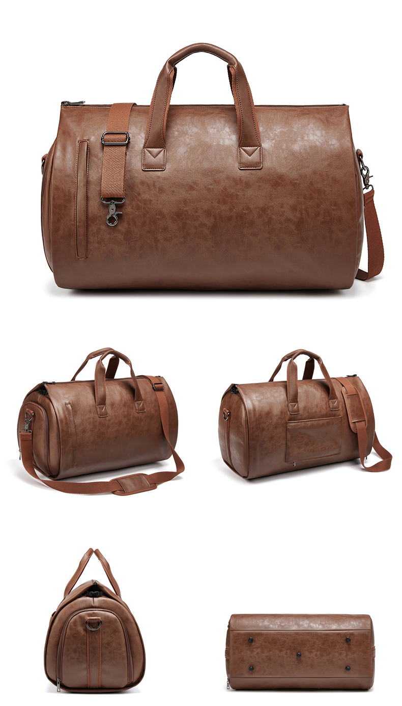 Outdoor PU Leather Travel Duffle Bag Brown With Separate Shoe Compartment