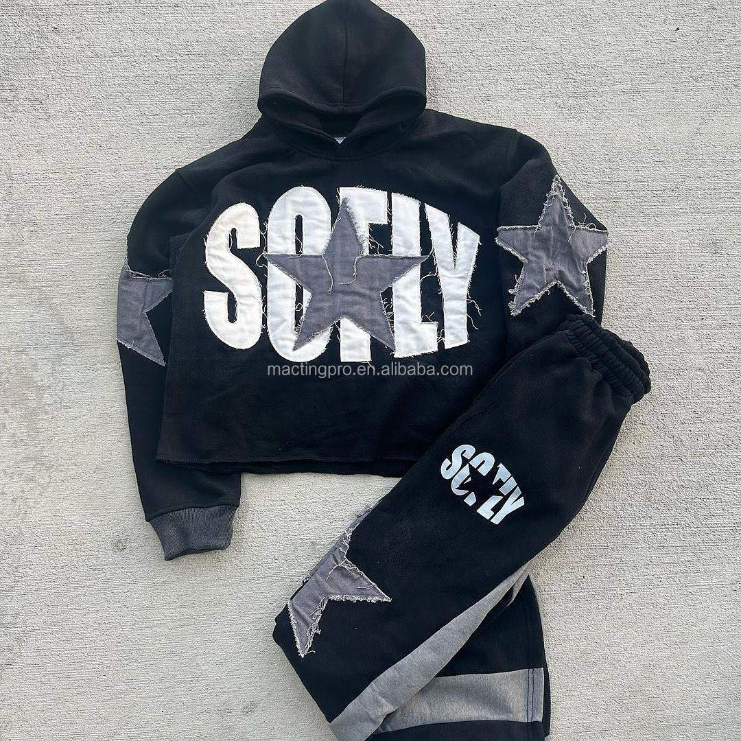 400 Grams Custom Embroidered Hoodie Set with Applique Patch and Flared Sweat Pants