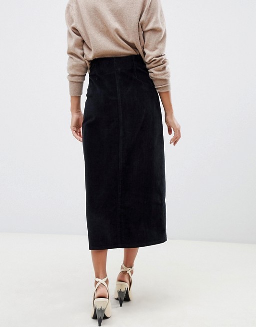 OEM hot selling button through midi skirt in washed black