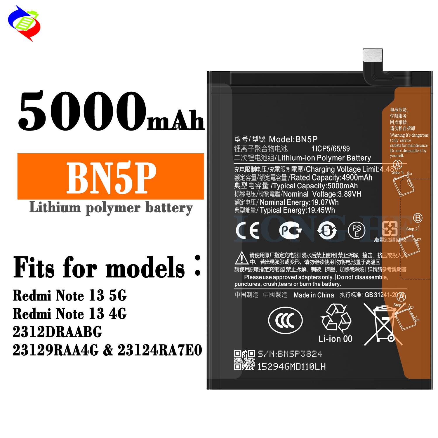 Rechargeable Batteries for Mi Redmi Note 13 5G BN5P High Capacity and 100% Compatible