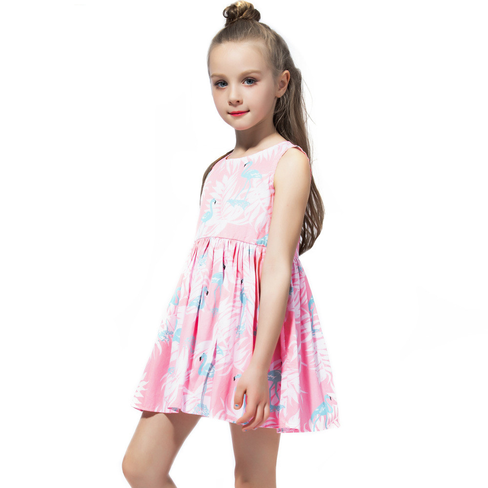 Summer Girls Children'S Casual Dress Sleeveless Flamingo Printed