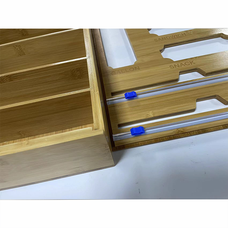 Bamboo Plastic Bag Dispenser Cutter Drawer Ziplock Bag Storage Organizer for Kitchen