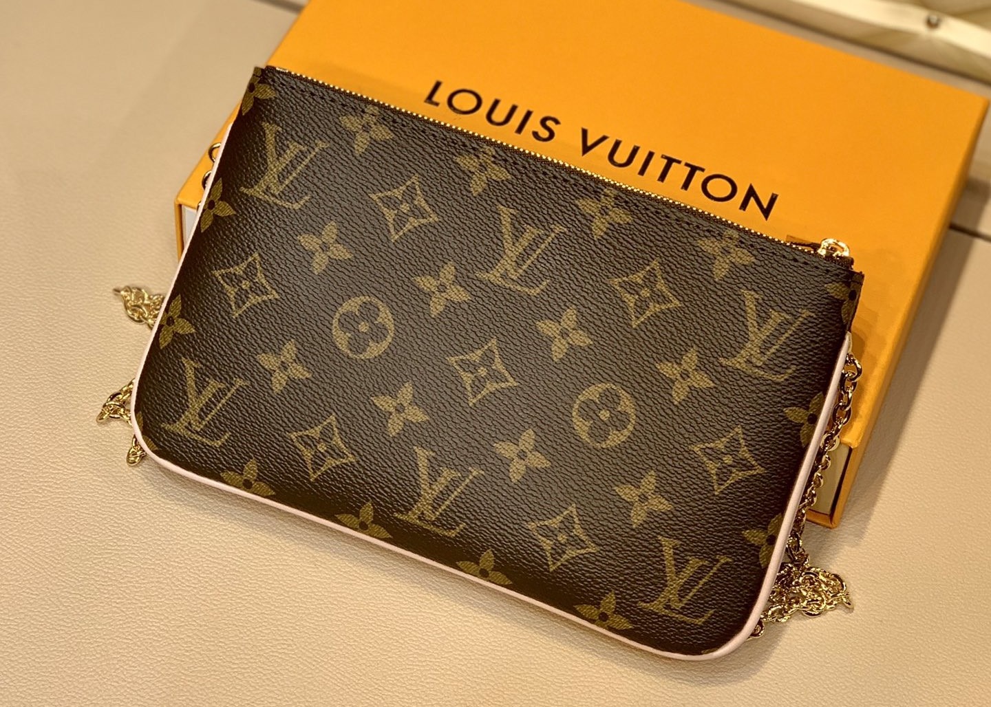 M63905 Silk-Screen Pochette Double Zip Luxury Chain Bag Genunie Leather And Carvas Luxury Chain Bag Small Cross-Body Bag