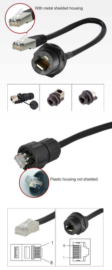 Network 8 Pin Waterproof Rj45 Jack Plastic Straight Male To Female Rj45 Molded Cable