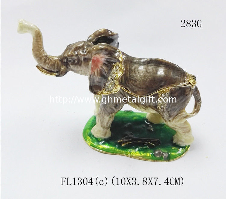 Handmade Pewter metal Trinket Box rhinestone enamel Elephant Decorative jewelry Box