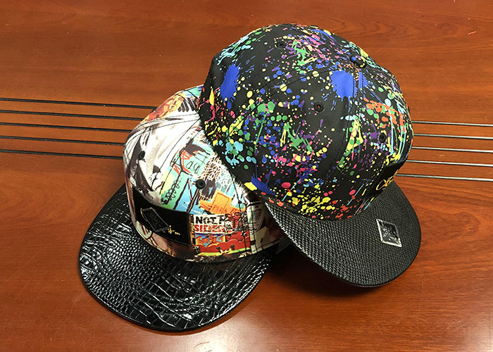 Plastic Buckle Flat Brim Snapback Hats Colorful Digital Sublimation Printed Leather Patch