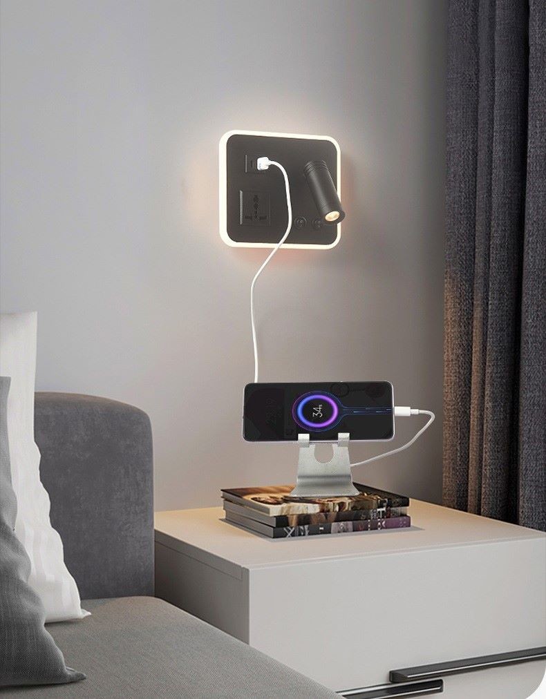 Multifunctional hotel villa apartment reading wall lamp USB Type-C wireless charger socket bedside light bedroom lamp