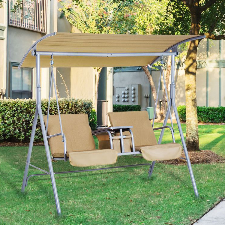 Modern Outdoor Swing Chair 67.7"D x 44.1"W x 65"H with Cup Holder and Adjustable Shade