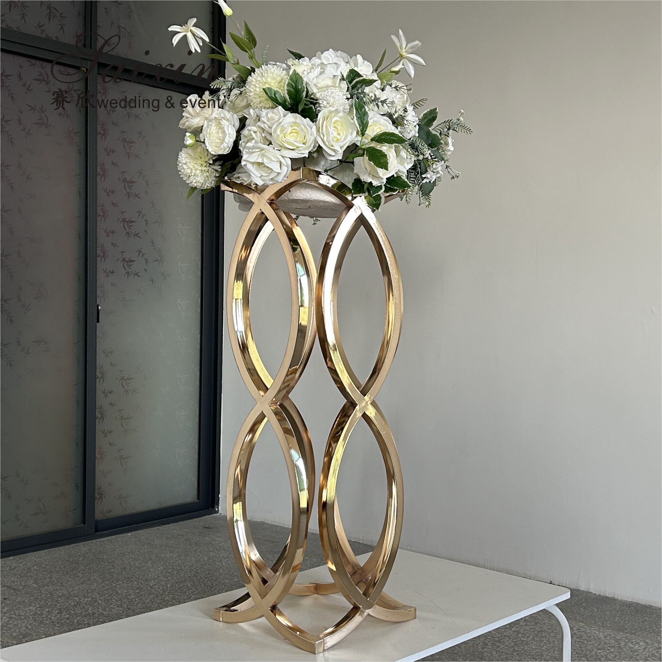 Shiny Crystal White Wedding Flower Stand Party Gift Gold 76cm